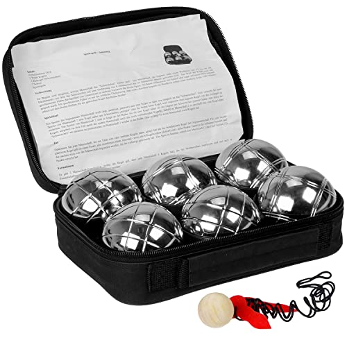 FunTomia Boccia ballenset, boule ballen met 6x metalen ballen 73mm, 720g, 1x houten bal, 1x afstandsmes incl. luxe draagtas, petanque voor outdoor spel tuin en strand speelgoed