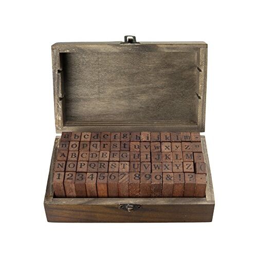 knora 70 rubberen houten stempels (hoofdletters, kleine letters, symbolen en cijfers) in een vintage houten doos