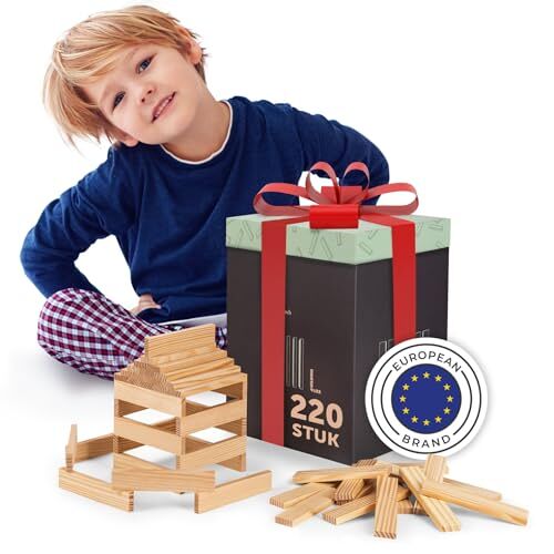 Laleni houten bouwblokken natuur 220 stuks gemaakt van 100% onbehandeld grenenhout   houten bouwblokken   houten blokken voor kinderen   houten blokken om mee te spelen doos   houten speelgoed
