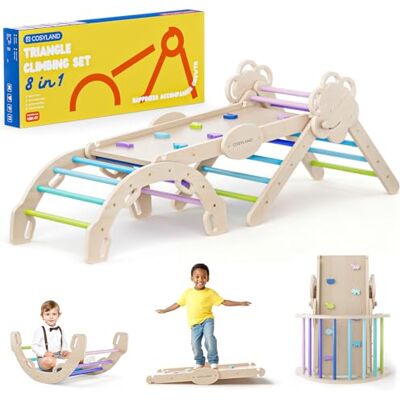 COSYLAND Klimrek Indoor L – Speelset 8-in-1 met Klimboog, Klimdriehoek en Glijbaan – Massief Houten Speeltoestel – Vanaf 18 Maanden – Natural/Koude Kleuren COSYLAND Klimrek Indoor L – Speelset 8-in-1 met Klimboog, Klimdriehoek en Glijbaan – Massief Houten Speeltoestel – Vanaf 18 Maanden – Natural/Koude Kleuren