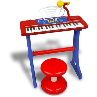 Bontempi MiniKeyFun speelgoedtoetsenbord met 37 toetsen voor kleine muzikanten met microfoon, kruk en muziekstandaard, blauw en rood, 54,4 x 32,9 x 15,9 cm Bontempi MiniKeyFun speelgoedtoetsenbord met 37 toetsen voor kleine muzikanten met microfoon, kruk en muziekstandaard, blauw en rood, 54,4 x 32,9 x 15,9 cm