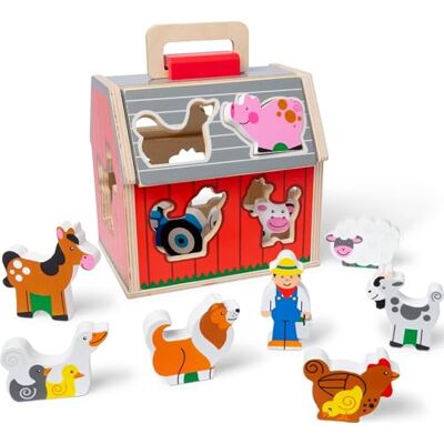 Melissa & Doug Houten meeneemsorteerschuurspeelgoed met opklapbaar dak en handvat 10 houten boerderijspeelstukken boerderijspeelgoed, vormsorteer- en stapelleerspeelgoed voor 2+ Melissa & Doug Houten meeneemsorteerschuurspeelgoed met opklapbaar dak en handvat 10 houten boerderijspeelstukken boerderijspeelgoed, vormsorteer- en stapelleerspeelgoed voor 2+