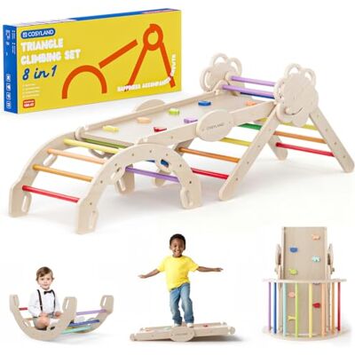 COSYLAND Klimrek Indoor L – Speelset 8-in-1 met Klimboog, Klimdriehoek en Glijbaan – Massief Houten Speeltoestel – Vanaf 18 Maanden – Natural/Multicolor COSYLAND Klimrek Indoor L – Speelset 8-in-1 met Klimboog, Klimdriehoek en Glijbaan – Massief Houten Speeltoestel – Vanaf 18 Maanden – Natural/Multicolor
