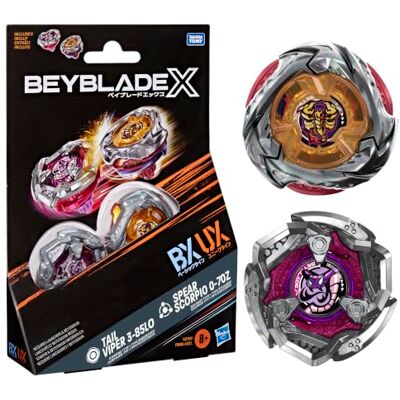 Hasbro Beyblade X Spear Scorpio 0-70Z UX en Tail Viper 3-85LO BX Takara Tomy Duopack-set met 2 rechtsdraaiende tollen, gevechtstollen, speelgoedtollen, leeftijd 8+ Hasbro Beyblade X Spear Scorpio 0-70Z UX en Tail Viper 3-85LO BX Takara Tomy Duopack-set met 2 rechtsdraaiende tollen, gevechtstollen, speelgoedtollen, leeftijd 8+