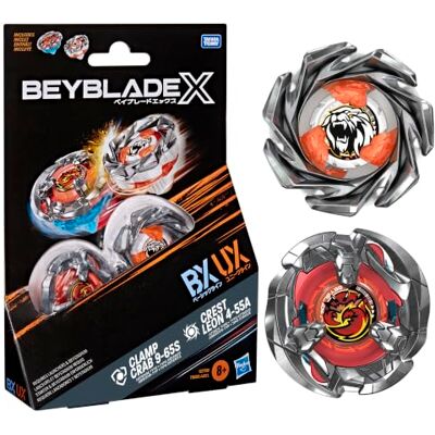 Hasbro Beyblade X Clamp Crab 9-65S BX en Crest Leon 4-55A UX Takara Tomy Duopack-set met 2 rechtsdraaiende tollen, gevechtstollen, speelgoedtollen, leeftijd 8+ Hasbro Beyblade X Clamp Crab 9-65S BX en Crest Leon 4-55A UX Takara Tomy Duopack-set met 2 rechtsdraaiende tollen, gevechtstollen, speelgoedtollen, leeftijd 8+