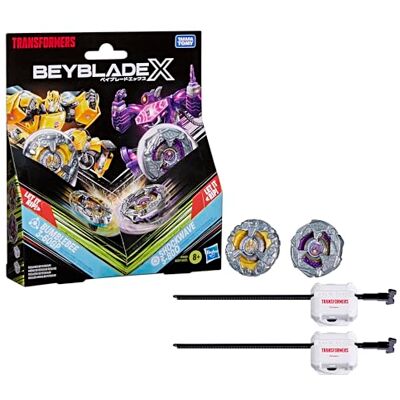 Hasbro Beyblade X en Transformers -collab, Bumblebee 3-60GP vs. Shockwave 5-80O, 2 Takara Tomy-tollen, 2 launchers, gevechtstolspeelgoed, leeftijd 8+ Hasbro Beyblade X en Transformers -collab, Bumblebee 3-60GP vs. Shockwave 5-80O, 2 Takara Tomy-tollen, 2 launchers, gevechtstolspeelgoed, leeftijd 8+