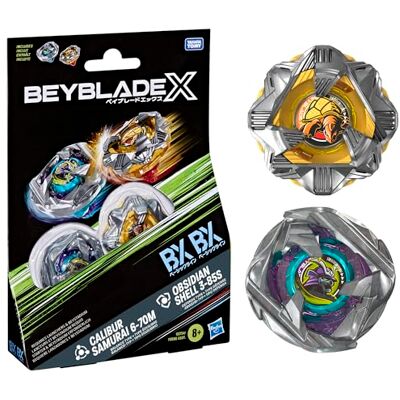 Hasbro Beyblade X Calibur Samurai 6-70M BX en Obsidian Shell 3-85S BX Takara Tomy Duopack-set met 2 rechtsdraaiende tollen, gevechtstolspeelgoed, leeftijd 8+ Hasbro Beyblade X Calibur Samurai 6-70M BX en Obsidian Shell 3-85S BX Takara Tomy Duopack-set met 2 rechtsdraaiende tollen, gevechtstolspeelgoed, leeftijd 8+