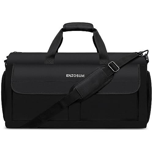 ENZOSUM Kledingzak, reistas, voor heren, kostuumtas, handbagage met schoenenvak, opvouwbare reistas, groot, 55 l, 2-in-1 hangende koffer, pak, kledinghoes voor mannen en vrouwen, kledingzak, kostuumhoes, zwart, zwart