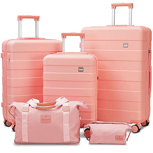 imiomo 3-delige bagagesets, koffer met spinnerwielen, bagageset opruiming voor vrouwen, lichtgewicht rollende harde reisbagage met TSA-slot, roze, 5PCS, Hardside Bagage Met Spinner Wielen