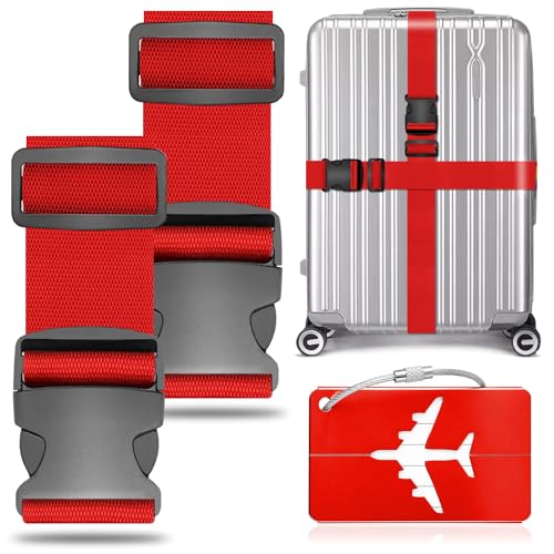 AWDIUM 2 stuks kofferriemen, kofferband, bagageriem, verstelbare kofferband met 1 kofferhanger, bagageband voor snel herkennen, bagage, reistas, koffer