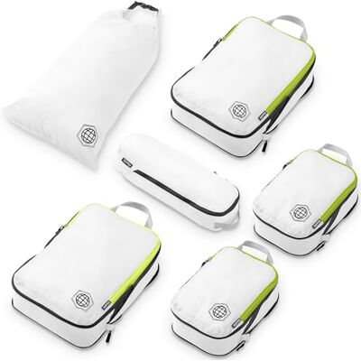 TRIPPED Travel Gear Compressie Verpakking Kubussen Set voor Carryon Travel-Lichtgewicht Duurzame Bagage Organizer Tassen van (6 stuks, Wit/Groen) TRIPPED Travel Gear Compressie Verpakking Kubussen Set voor Carryon Travel-Lichtgewicht Duurzame Bagage Organizer Tassen van (6 stuks, Wit/Groen)