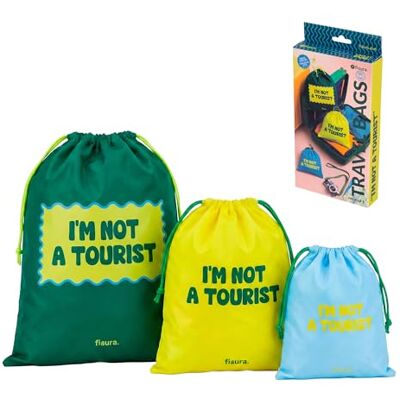 Fisura Originele "I'm Not A Tourist" reiswaszak met trekkoord, groen, 3 stuks Fisura Originele "I'm Not A Tourist" reiswaszak met trekkoord, groen, 3 stuks