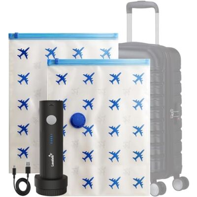 Lavatelli Vac-U Reis Set – Draadloze USB-C Vacuümpomp + 2 Vacuumzakken 40x60 cm – Ruimtebesparende Packing Set voor Koffer, Kast & Seizoenskleding – Past in 55x40x20 cm Trolley Lavatelli Vac-U Reis Set – Draadloze USB-C Vacuümpomp + 2 Vacuumzakken 40x60 cm – Ruimtebesparende Packing Set voor Koffer, Kast & Seizoenskleding – Past in 55x40x20 cm Trolley
