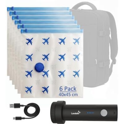 Lavatelli Ruimtebesparende reisset, vacuümpomp draadloze USB C + 6 reistassen 40 x 45 cm voor Ryanair rugzak 40 x 30 x 20, kit voor handbagage, organizer cabine, compact en krachtig Lavatelli Ruimtebesparende reisset, vacuümpomp draadloze USB C + 6 reistassen 40 x 45 cm voor Ryanair rugzak 40 x 30 x 20, kit voor handbagage, organizer cabine, compact en krachtig