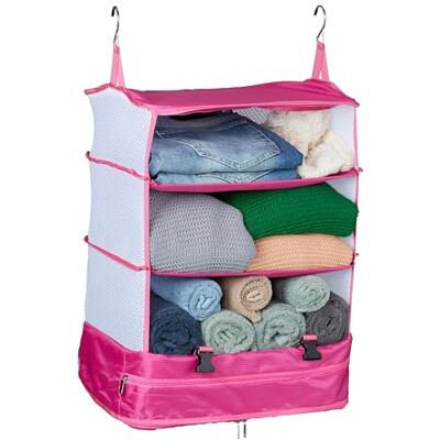 Relaxdays koffer organizer, hangend, HxBxD: 55 x 44 x 30 cm, opvouwbare bagage-organizer, 4 vakken, draagbaar, felroze Relaxdays koffer organizer, hangend, HxBxD: 55 x 44 x 30 cm, opvouwbare bagage-organizer, 4 vakken, draagbaar, felroze