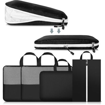 Cozary Set van 4 dubbelzijdige compressiezakken, 3 compressiekubussen, 1 schoenenzak, ruimtebesparend voor reizen, wandelen en cruises Cozary Set van 4 dubbelzijdige compressiezakken, 3 compressiekubussen, 1 schoenenzak, ruimtebesparend voor reizen, wandelen en cruises