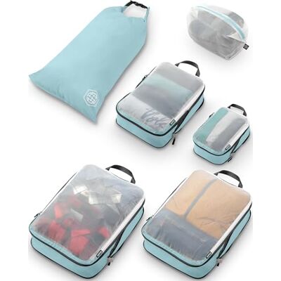 TRIPPED Travel Gear Grote verpakking kubus set met doorzichtig gaas compressie verpakking kubussen reisorganisatoren (Dusty Teal) TRIPPED Travel Gear Grote verpakking kubus set met doorzichtig gaas compressie verpakking kubussen reisorganisatoren (Dusty Teal)