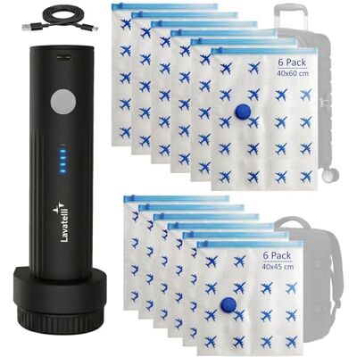 Lavatelli Ultimate Travel Set met draadloze USB-C pomp en 12 vacuümzakken (6 x 40 x 45 + 6 x 40 x 60 cm) voor rugzak en trolley, ruimtebesparende reis- en huis-organizerset Lavatelli Ultimate Travel Set met draadloze USB-C pomp en 12 vacuümzakken (6 x 40 x 45 + 6 x 40 x 60 cm) voor rugzak en trolley, ruimtebesparende reis- en huis-organizerset
