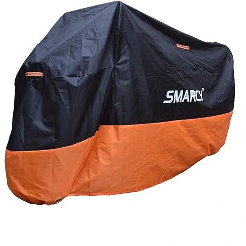 SMARCY Beschermhoes voor motorfiets, dekzeil voor motorfiets, XXXL, schuur voor motorfiets, outdoor, polyester, voor motorfiets, scooter, zwart/oranje, 295 x 110 x 140 cm