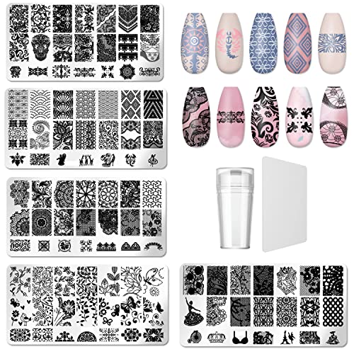 Generic Nagelsjabloon stempelset, 5 stuks nagelstempelplaten met 1 stuks transparante stempel, 1 schraper, nail art tool voor vrouwen en meisjes