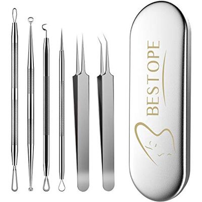 BESTOPE PRO Mee-eterverwijderaar, 6-delige set acne-verwijderaar, pincetset met metalen behuizing, mee-eterverwijderaar, gereedschap van hoogwaardig roestvrij staal BESTOPE PRO Mee-eterverwijderaar, 6-delige set acne-verwijderaar, pincetset met metalen behuizing, mee-eterverwijderaar, gereedschap van hoogwaardig roestvrij staal