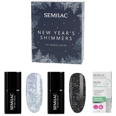 Semilac New Year's Shimmers UV-nagellakset, 460 Silver Fireworks & 394 Sparkling Midnight Date uv-lak + verzorgingsolie Kiwi Mango Semilac New Year's Shimmers UV-nagellakset, 460 Silver Fireworks & 394 Sparkling Midnight Date uv-lak + verzorgingsolie Kiwi Mango
