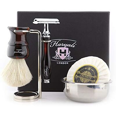 Haryali London 5 Pc Heren Scheerset Dubbele Rand Veiligheid Scheermes met Witte Das Haar Borstel Stand, Kom en Zeep Perfecte Set voor Mannen Haryali London 5 Pc Heren Scheerset Dubbele Rand Veiligheid Scheermes met Witte Das Haar Borstel Stand, Kom en Zeep Perfecte Set voor Mannen