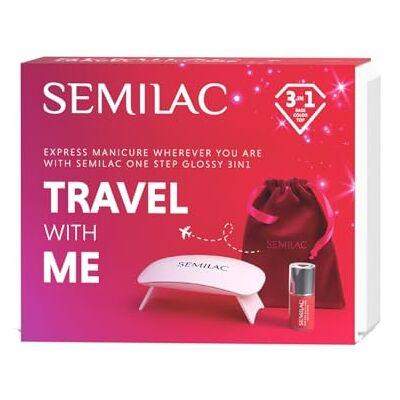 Semilac Travel With Me uv-nagellakset, 6 W uv-/ledlamp, One Step 3-in-1 glanzend donkerrood, reiniger, houten stokjes en fluwelen zakje Semilac Travel With Me uv-nagellakset, 6 W uv-/ledlamp, One Step 3-in-1 glanzend donkerrood, reiniger, houten stokjes en fluwelen zakje