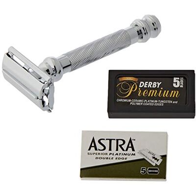 Parker Safety Razor Parker-Astra-Derby scheerapparaat en scheermesjes 99R, 1 verpakking met 3 stuks Parker Safety Razor Parker-Astra-Derby scheerapparaat en scheermesjes 99R, 1 verpakking met 3 stuks