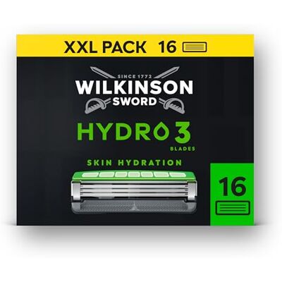 Wilkinson Sword Hydro 3 Scheermesjes voor mannen, dubbele lubricatie, koolstofgecoate bladen, scheermes voor mannen navulverpakking, 16 navulmesjes, XXL verpakking Wilkinson Sword Hydro 3 Scheermesjes voor mannen, dubbele lubricatie, koolstofgecoate bladen, scheermes voor mannen navulverpakking, 16 navulmesjes, XXL verpakking