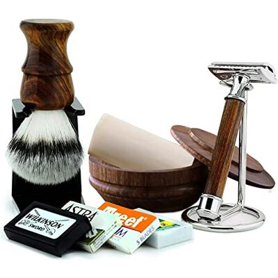 Haryali London 7 Stuks Houten Gemaakt Mannen Scheren Gift Kit Klassieke Wet Scheren Veiligheid Scheermes, Synthetische Borstel voor Rijk Scheren Schuim Houten Licht Handvat Houten Scheerkom voor zeep Haryali London 7 Stuks Houten Gemaakt Mannen Scheren Gift Kit Klassieke Wet Scheren Veiligheid Scheermes, Synthetische Borstel voor Rijk Scheren Schuim Houten Licht Handvat Houten Scheerkom voor zeep