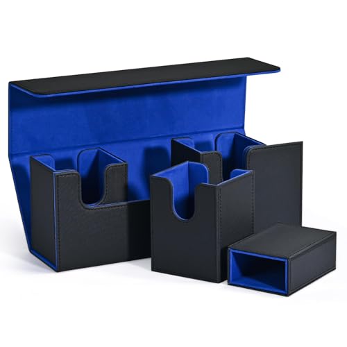 Ruuizksa Kaartenopbergbox met vak voor kaarten, 4-in-1 kaartendeck-hoes voor meer dan 300 kaarten, magnetische kaartenorganizer, zwart + blauw