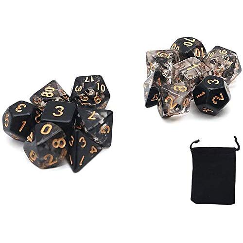 DollaTek Transparante polyedrale dobbelstenen Set tafelspellen Dobbelstenen 2 sets Dobbelstenen 2 x 7 (14 stuks) Die-serie D20 D12 D10 D8 D6 D4 DND-dobbelstenen DND RPG MTG Dubbele kleuren Een stuk (zwart)