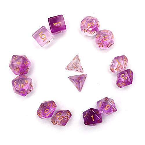 Fasizi Transparante veelvlakkige dobbelstenen set tafelspellen dobbelstenen 2 sets dobbelstenen 2 x 7 (14 stuks) Die serie D20 D12 D10 D8 D6 D4 DND dobbelstenen DND RPG MTG dubbele kleuren een stuk (paars)