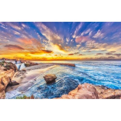 GUOHLOZ 1500 Piece Jigsaw Puzzle for Adults & for Kids Age 6 and Up strand, oceaan, rotsen, kust, californië, stille oceaan, san diego, 87x57cm