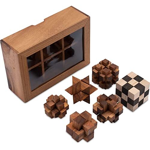 LOGOPLAY Set van 6 puzzelspellen – spelverzameling 3D-puzzel – denkspellen – puzzelspellen – geduldspellen – logicaspellen in luxe geschenkdoos van hout met transparant deksel