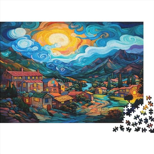 DAKINCHERRY Villages Puzzel-cadeau, familie-puzzelspel, mooi dorp, familieplezier, 100% gerecyclede dozen, 300 stuks, 40 x 28 cm