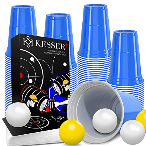 KESSER ® Beer Pong Bekerset met kaartenset 54 kaarten, bierpong drinkspelletjes partybekers sets (100 bekers 473 ml + 10 ballen) bierpong cups spelletjesavond verjaardag feestspel bruiloft