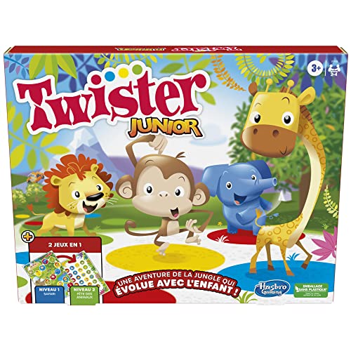 Hasbro Twister Junior Dierenavonturen, dubbelzijdige mat, 2 spellen in 1, partyspel, binnenspel voor 2-4 spelers (Franse versie)