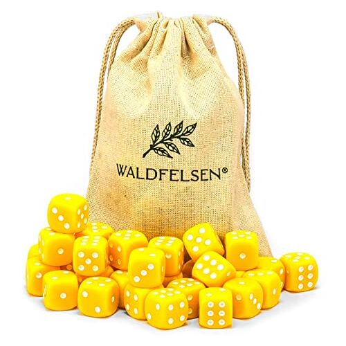 Waldfelsen 6,12, 20, 30 of 50 hoogwaardige dobbelstenen van ® standaardgrootte 16 mm acryldobbelstenen dobbelsteen dobbelsteen Dice 6-zijdig zeshoekige speelaccessoires set met stoffen zak (geel, 30 stuks)