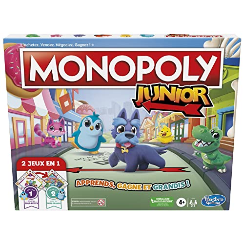 Hasbro Monopoly Junior-bordspel, 2-zijdig spelbord, 2 spellen in 1, Monopoly-spel voor jongere kinderen; kinderspellen, Junior-spellen (Franse versie)