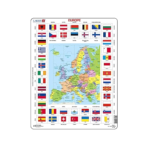 Larsen KL1 Vlaggen en politieke kaart van Europa, Engels editie, Frame puzzel met 70 stukjes