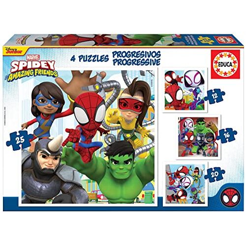 Educa Progressive Spidey and His Amazing Friends 12-16-20-25, 4 progressieve puzzels van karton met 12-16-20-25 stukjes, afmetingen per puzzel: ca. 16 x 16 cm, vanaf 3 jaar (19295)