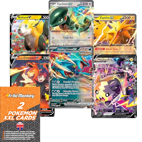 Friki Monkey Pokemon Jumbo kaarten 2-pack, Pokemon Jumbo XXL kaarten, 2-pack Giant GX VMAX Mega V kaarten, Pokémon True kaarten, officiële Pokémon kaarten Engelse taal.