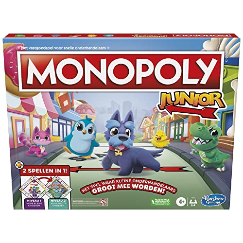 Monopoly Junior-bordspel, 2-zijdig spelbord, 2 spellen in 1, -spel voor jongere kinderen; kinderspellen, Junior-spellen (Nederlandse versie)