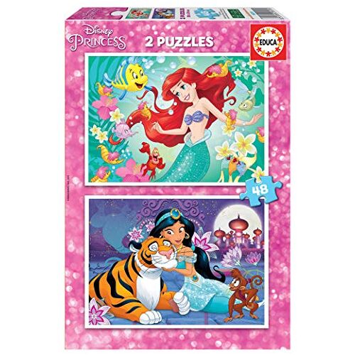 Educa 18213, Arielle en Jasmin, 2 x 48 stukjes puzzel voor kinderen vanaf 4, Arielle de zeemeermin, Aladdin