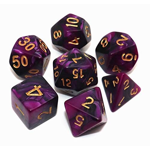 CREEBUY 7 stuks DND dobbelstenen set zwart paars RPG polyhedral dobbelstenen voor kerkers en draken MTG D&D D20 D12 D10 D8 D6 D4