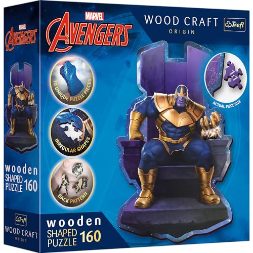 Trefl – Houten contourpuzzels: Marvel Avengers, Thanos op de Troon – 160 stukjes, Wood Craft, Onregelmatige Vormen, 10 Figuurtjes, Moderne Puzzel Premium, voor Volwassenen en Kinderen vanaf 9 jaar