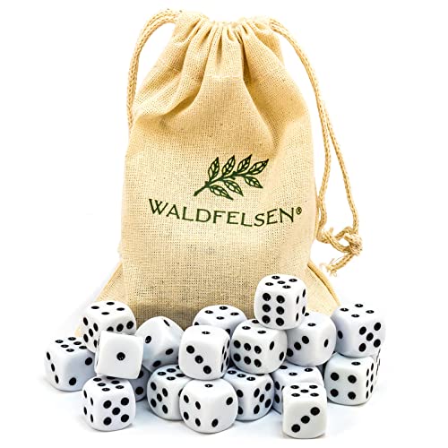 Waldfelsen 6,12, 20, 30 of 50 hoogwaardige dobbelstenen van ® standaardgrootte 16 mm acryldobbelstenen dobbelsteen dobbelsteen Dice 6-zijdig zeshoekige speelaccessoires set met stoffen zak (wit, 30 stuks)