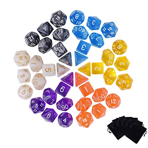 QH-Shop Dobbelstenen 42 stuks veelvlakspel dobbelstenen set voor kerkers en draken DND RPG MTG D20 D12 D10 D8 D6 D4 Tafelspel met 6 fluwelen zakken